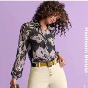 CAbi Heirloom Sheer Floral Long Sleeve Blouse Sheer Green 4615, Size M